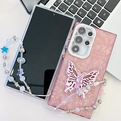 For Samsung Galaxy S25 Ultra 5G Plating Glitter Lens Film Texture Butterfly Holder Wristband Phone Case(Pink Water Ripples) - Galaxy S25 Ultra 5G Cases by PMC Jewellery | Online Shopping South Africa | PMC Jewellery | Buy Now Pay Later Mobicred