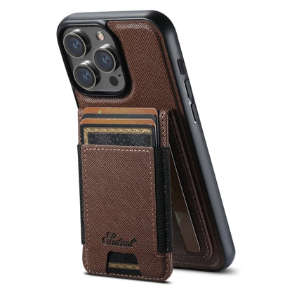 For iPhone 14 Pro Max Suteni H17 Cross Grain Leather MagSafe Detachable Wallet Phone Case(Brown) - iPhone 14 Pro Max Cases by Suteni | Online Shopping South Africa | PMC Jewellery | Buy Now Pay Later Mobicred