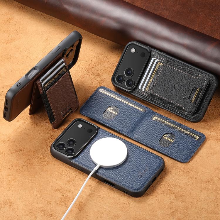 For iPhone 16 Pro Max Suteni H17 Cross Grain Leather MagSafe Detachable Wallet Phone Case(Blue) - free shipping - PMC Jewellery - Order now!