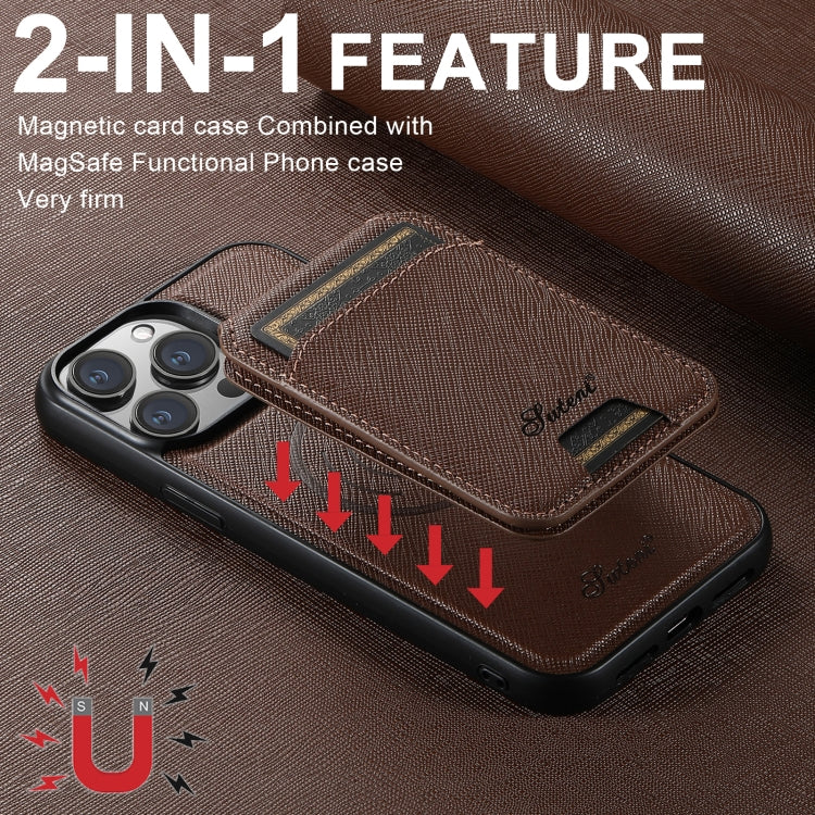 For iPhone 16 Suteni H18 Cross Grain MagSafe Wallet Leather Phone Case(Brown) - iPhone 16 Cases by Suteni | Online Shopping South Africa | PMC Jewellery | Buy Now Pay Later Mobicred