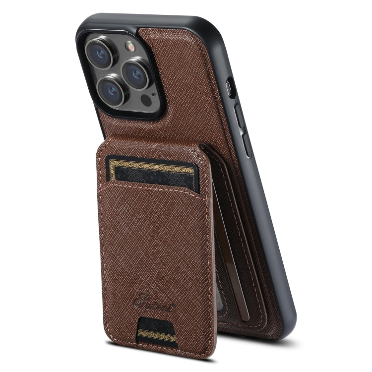 For iPhone 16 Suteni H18 Cross Grain MagSafe Wallet Leather Phone Case(Brown) - iPhone 16 Cases by Suteni | Online Shopping South Africa | PMC Jewellery | Buy Now Pay Later Mobicred