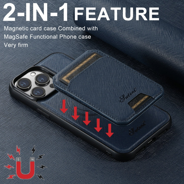 For iPhone 12 Pro Max Suteni H18 Cross Grain MagSafe Wallet Leather Phone Case(Blue) - iPhone 12 Pro Max Cases by Suteni | Online Shopping South Africa | PMC Jewellery | Buy Now Pay Later Mobicred