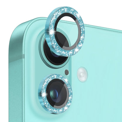 For iPhone 16 / 16 Plus NORTHJO Glitter Camera Lens Protector Tempered Glass Metal Ring Film(Cyan) - iPhone 16 Tempered Glass by NORTHJO | Online Shopping South Africa | PMC Jewellery | Buy Now Pay Later Mobicred