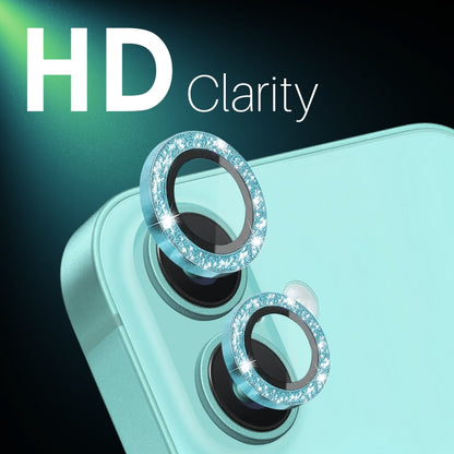 For iPhone 16 / 16 Plus NORTHJO Glitter Camera Lens Protector Tempered Glass Metal Ring Film(Cyan) - iPhone 16 Tempered Glass by NORTHJO | Online Shopping South Africa | PMC Jewellery | Buy Now Pay Later Mobicred