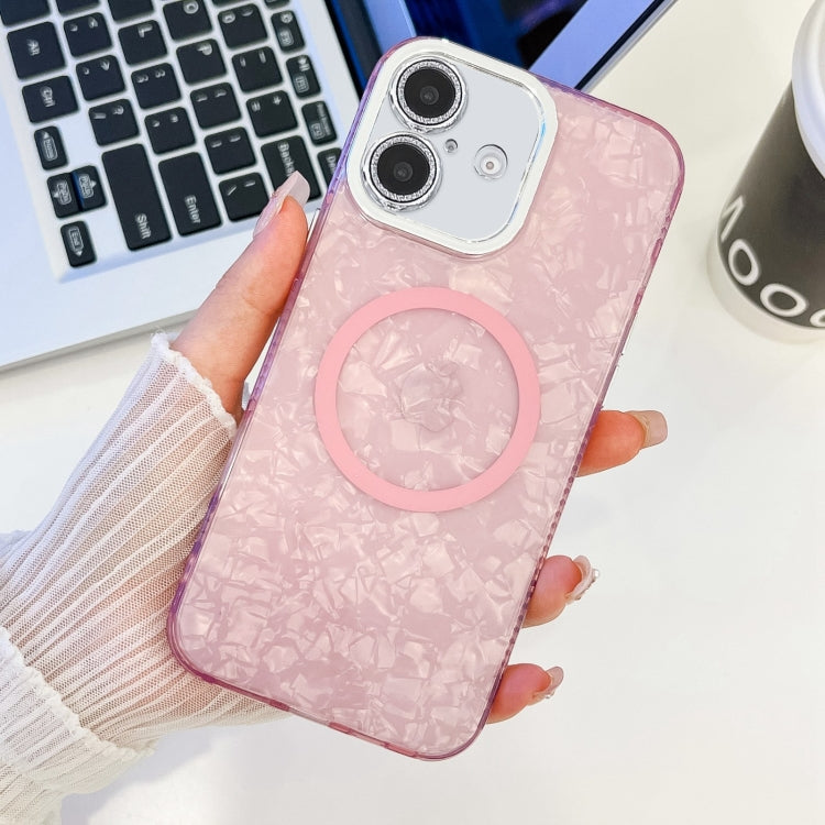 For iPhone 16 Plating Texture MagSafe TPU Phone Case with Glitter Lens Film(Pink Shell Pattern) - iPhone 16 Cases by PMC Jewellery | Online Shopping South Africa | PMC Jewellery | Buy Now Pay Later Mobicred