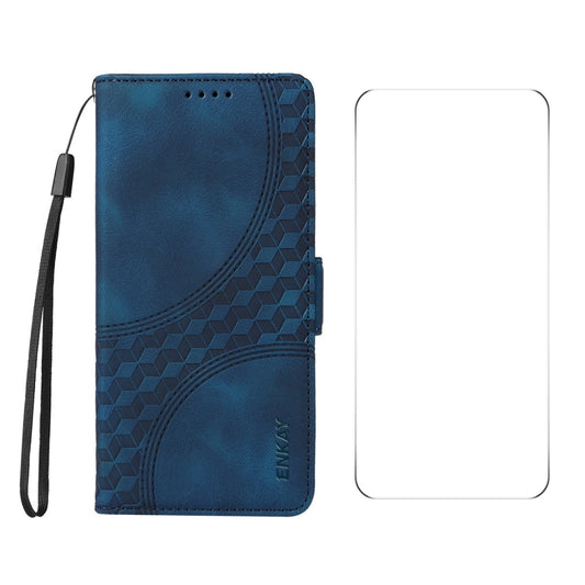 For iPhone 16 Plus ENKAY Embossed Rhombus Starry Leather Phone Case with Screen Film(Blue) - iPhone 16 Plus Cases by ENKAY | Online Shopping South Africa | PMC Jewellery | Buy Now Pay Later Mobicred