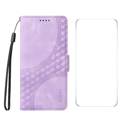 For Google Pixel 9 Pro XL ENKAY Embossed Rhombus Starry Leather Phone Case with Screen Film(Purple) - Google Cases by ENKAY | Online Shopping South Africa | PMC Jewellery | Buy Now Pay Later Mobicred