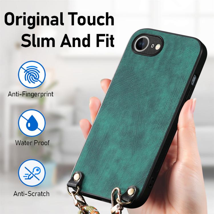 For  iPhone 16e Vintage Leather PC Back Cover Phone Case with Crossbody Strap(Green) - iPhone 16e Cases by PMC TechLife | Online Shopping South Africa | PMC TechLife | Buy Now Pay Later Mobicred