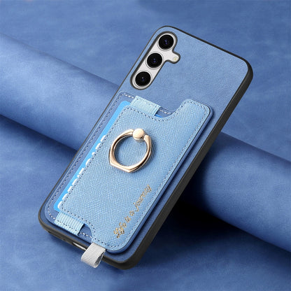 For Samsung Galaxy S25 5G Retro Cross Leather Ring Horizontal Insert Card Bag MagSafe Phone Case(Blue) - Galaxy S25 5G Cases by PMC Jewellery | Online Shopping South Africa | PMC Jewellery | Buy Now Pay Later Mobicred