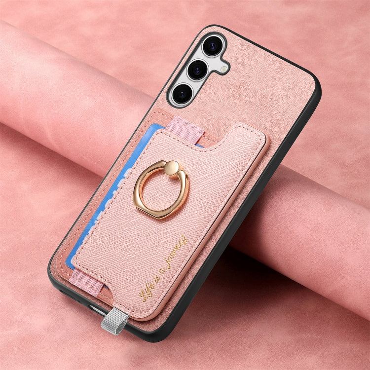 For Samsung Galaxy S25+ 5G Retro Cross Leather Ring Horizontal Insert Card Bag MagSafe Phone Case(Pink) - Galaxy S25+ 5G Cases by PMC Jewellery | Online Shopping South Africa | PMC Jewellery | Buy Now Pay Later Mobicred