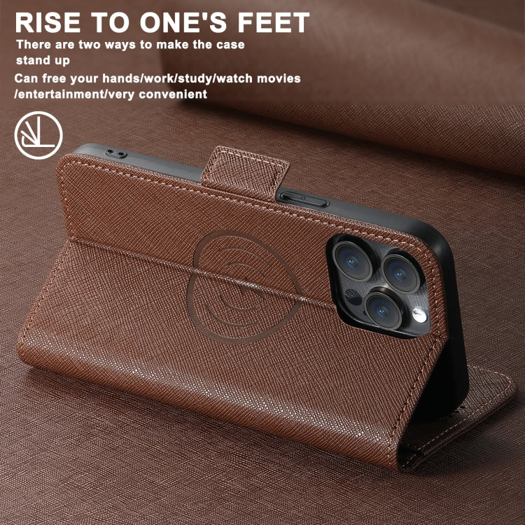 For iPhone 16 Plus Suteni J08 Multifunctional Cross Texture MagSafe Leather Phone Case(Brown) - iPhone 16 Plus Cases by Suteni | Online Shopping South Africa | PMC Jewellery | Buy Now Pay Later Mobicred