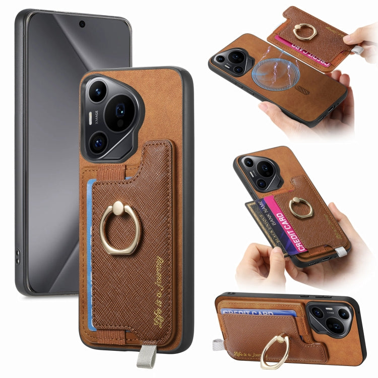 For Huawei Pura 70 Pro Retro Magsafe Cross Leather Ring Holder Card Bag Phone Case(Brown) - Huawei Cases by PMC Jewellery | Online Shopping South Africa | PMC Jewellery | Buy Now Pay Later Mobicred