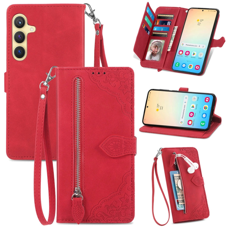 For Samsung Galaxy S25+ 5G Embossed Flower Zipper Leather Phone Case(Red) - Galaxy S25+ 5G Cases by PMC TechLife | Online Shopping South Africa | PMC TechLife | Buy Now Pay Later Mobicred
