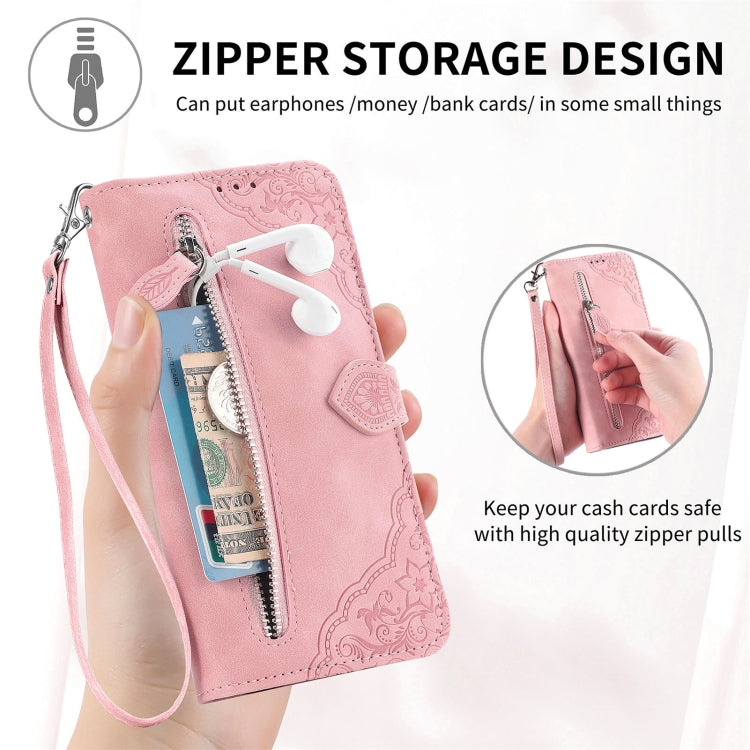 For Samsung Galaxy S25+ 5G Embossed Flower Zipper Leather Phone Case(Red) - Galaxy S25+ 5G Cases by PMC TechLife | Online Shopping South Africa | PMC TechLife | Buy Now Pay Later Mobicred