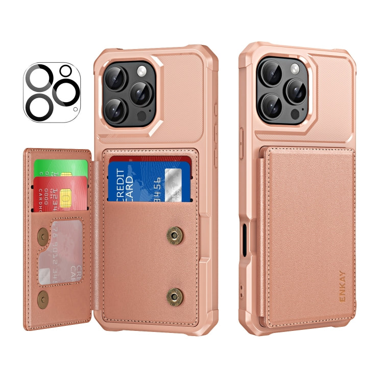 For iPhone 16 Pro ENKAY Hat-Prince Card Slot Wallet TPU Back Leather Phone Case with Lens Film(Rose Gold) - iPhone 16 Pro Max Cases by ENKAY | Online Shopping South Africa | PMC Jewellery | Buy Now Pay Later Mobicred