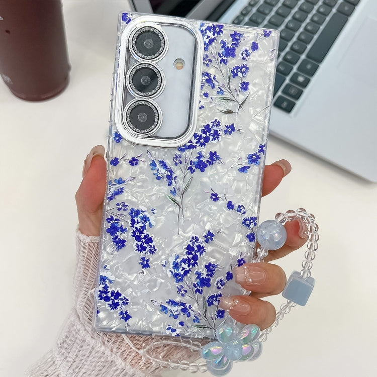 For Samsung Galaxy S25 5G Electroplating Flowers Plants Texture Wristband TPU Phone Case(Blue Flower FL13) - Galaxy S25 5G Cases by PMC Jewellery | Online Shopping South Africa | PMC Jewellery | Buy Now Pay Later Mobicred