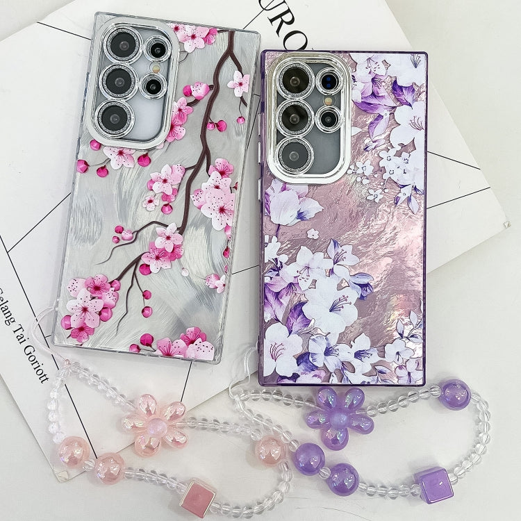 For Samsung Galaxy S25 Ultra 5G Electroplating Flowers Plants Texture Wristband TPU Phone Case(Blue Flower FL13) - Galaxy S25 Ultra 5G Cases by PMC Jewellery | Online Shopping South Africa | PMC Jewellery | Buy Now Pay Later Mobicred