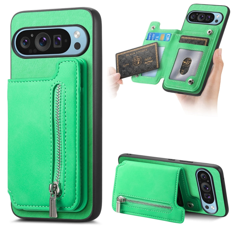 For Google Pixel 8 Pro Retro MagSafe Zipper Wallet Card Bag Back Phone Case(Green) - Google Cases by PMC TechLife | Online Shopping South Africa | PMC TechLife | Buy Now Pay Later Mobicred