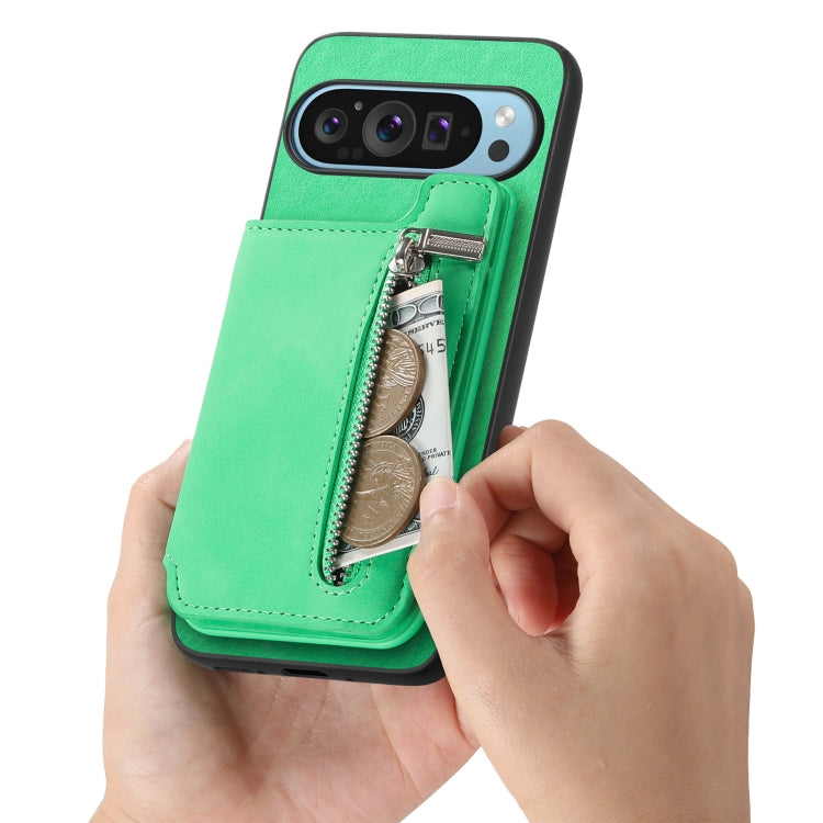 For Google Pixel 8 Pro Retro MagSafe Zipper Wallet Card Bag Back Phone Case(Green) - Google Cases by PMC TechLife | Online Shopping South Africa | PMC TechLife | Buy Now Pay Later Mobicred