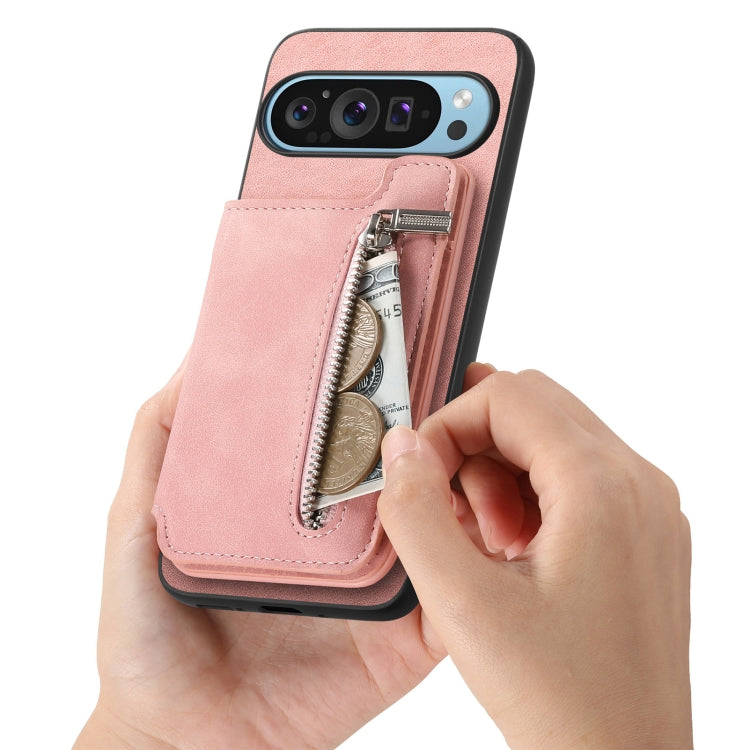 For Google Pixel 7a Retro MagSafe Zipper Wallet Card Bag Back Phone Case(Pink) - Google Cases by PMC TechLife | Online Shopping South Africa | PMC TechLife | Buy Now Pay Later Mobicred