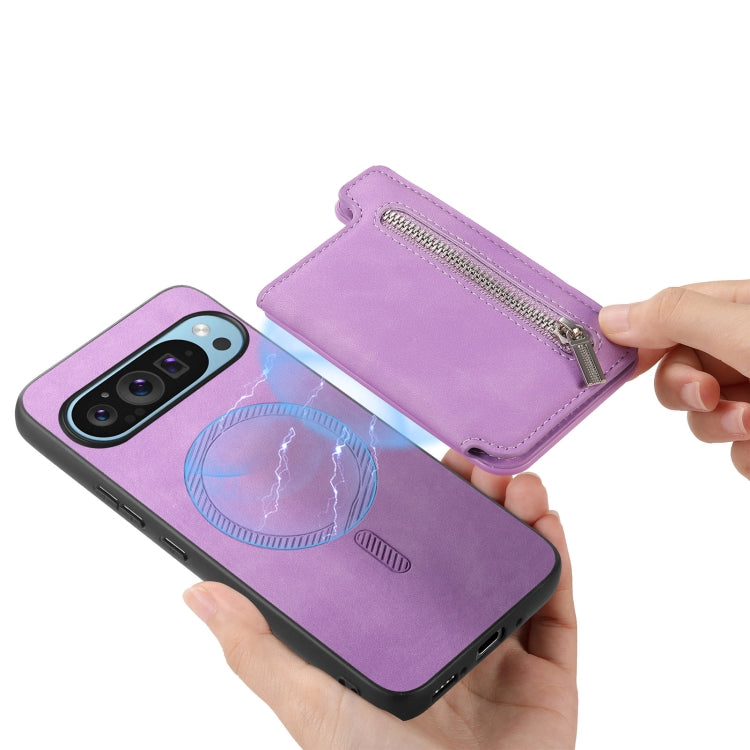 For Google Pixel 7 Pro Retro MagSafe Zipper Wallet Card Bag Back Phone Case(Purple) - Google Cases by PMC TechLife | Online Shopping South Africa | PMC TechLife | Buy Now Pay Later Mobicred