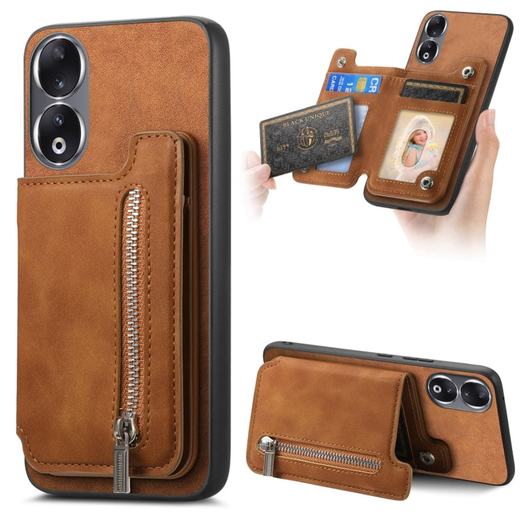 For Honor 90 Retro MagSafe Zipper Wallet Card Bag Back Phone Case(Brown) - Honor Cases by PMC TechLife | Online Shopping South Africa | PMC TechLife | Buy Now Pay Later Mobicred
