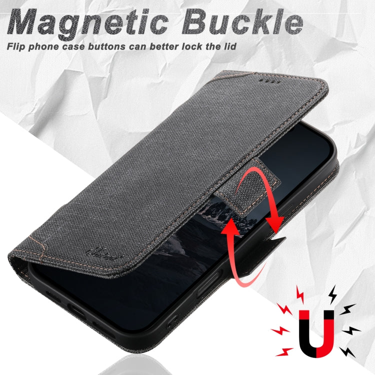 For iPhone 16 Plus Suteni J07 Multi-functional Horizontal MagSafe Denim Leather Phone Case(Black) - iPhone 16 Plus Cases by Suteni | Online Shopping South Africa | PMC Jewellery | Buy Now Pay Later Mobicred