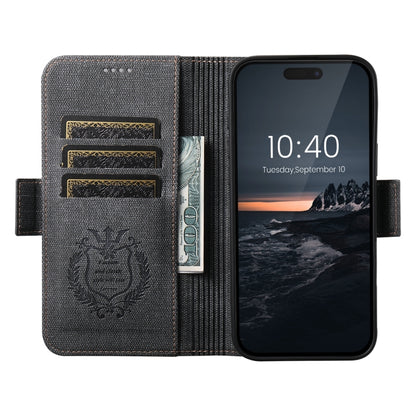 For iPhone 16 Suteni J07 Multi-functional Horizontal MagSafe Denim Leather Phone Case(Black) - iPhone 16 Cases by Suteni | Online Shopping South Africa | PMC Jewellery | Buy Now Pay Later Mobicred