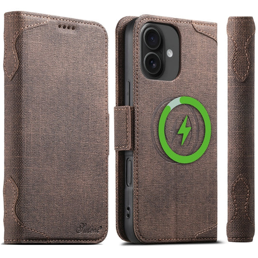 For iPhone 16 Suteni J07 Multi-functional Horizontal MagSafe Denim Leather Phone Case(Brown) - iPhone 16 Cases by Suteni | Online Shopping South Africa | PMC Jewellery | Buy Now Pay Later Mobicred