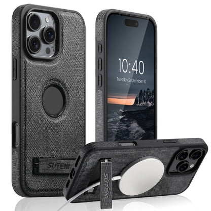 For iPhone 16 Suteni G2 Holder Denim Leather Back MagSafe Phone Case(Black) - iPhone 16 Cases by Suteni | Online Shopping South Africa | PMC Jewellery | Buy Now Pay Later Mobicred