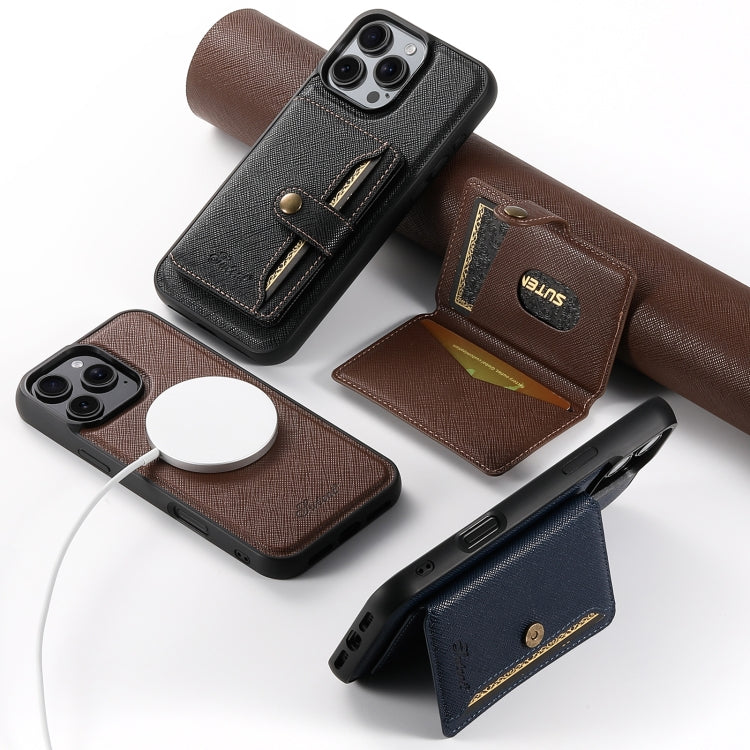 For iPhone 16 Pro Suteni H20 Cross-Grain MagSafe Horizontal Card Bag Back Phone Case(Brown) - iPhone 16 Pro Cases by Suteni | Online Shopping South Africa | PMC Jewellery | Buy Now Pay Later Mobicred