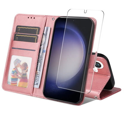 For Samsung Galaxy S25 5G ENKAY Card Wallet Calf Texture Leather Phone Case with Screen Film(Pink) - Galaxy S25 5G Cases by ENKAY | Online Shopping South Africa | PMC Jewellery | Buy Now Pay Later Mobicred