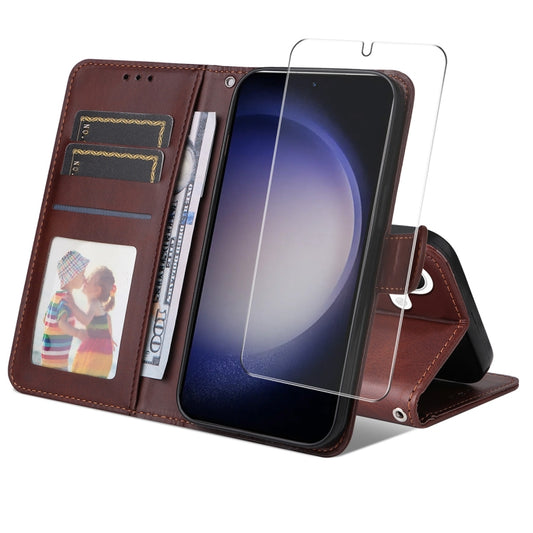 For Samsung Galaxy S25 5G ENKAY Card Wallet Calf Texture Leather Phone Case with Screen Film(Brown) - Galaxy S25 5G Cases by ENKAY | Online Shopping South Africa | PMC Jewellery | Buy Now Pay Later Mobicred