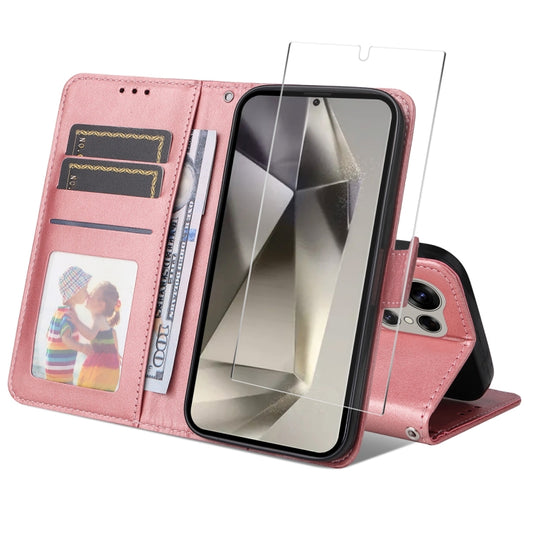 For Samsung Galaxy S25 Ultra 5G ENKAY Card Wallet Calf Texture Leather Phone Case with Screen Film(Pink) - Galaxy S25 Ultra 5G Cases by ENKAY | Online Shopping South Africa | PMC Jewellery | Buy Now Pay Later Mobicred