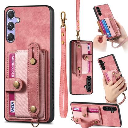 For Samsung Galaxy S25+ 5G Retro Cross Wristband Wallet Leather Back Phone Case(Pink) - Galaxy S25+ 5G Cases by PMC Jewellery | Online Shopping South Africa | PMC Jewellery | Buy Now Pay Later Mobicred