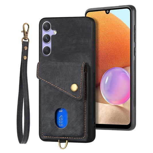 For Samsung Galaxy S25+ 5G Retro Card Wallet Fold Leather Phone Case with Strap(Black) - Galaxy S25+ 5G Cases by PMC Jewellery | Online Shopping South Africa | PMC Jewellery | Buy Now Pay Later Mobicred