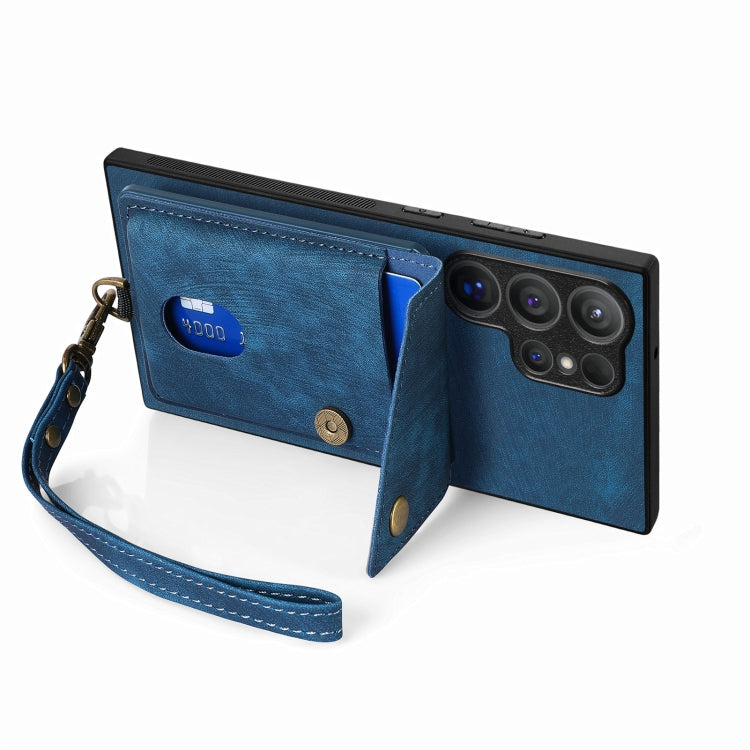 For Samsung Galaxy S25 Ultra 5G Retro Card Wallet Fold Leather Phone Case with Strap(Blue) - Galaxy S25 Ultra 5G Cases by PMC Jewellery | Online Shopping South Africa | PMC Jewellery | Buy Now Pay Later Mobicred