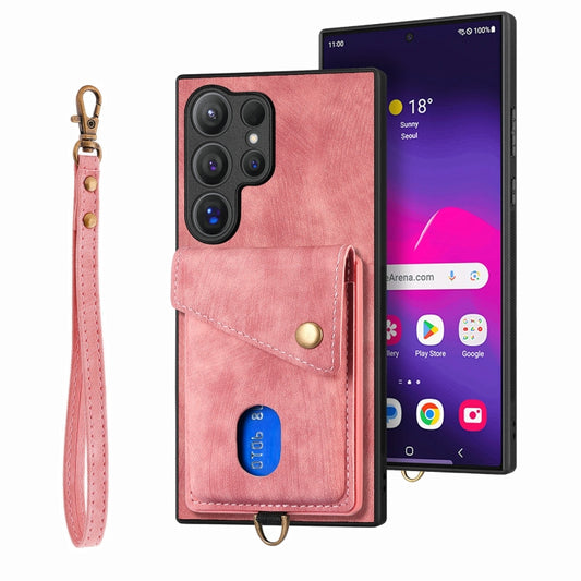 For Samsung Galaxy S25 Ultra 5G Retro Card Wallet Fold Leather Phone Case with Strap(Pink) - Galaxy S25 Ultra 5G Cases by PMC Jewellery | Online Shopping South Africa | PMC Jewellery | Buy Now Pay Later Mobicred