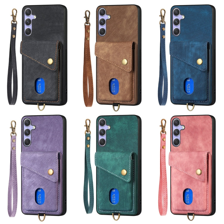 For Samsung Galaxy S25+ 5G Retro Card Wallet Fold Leather Phone Case with Strap(Purple) - Galaxy S25+ 5G Cases by PMC TechLife | Online Shopping South Africa | PMC TechLife | Buy Now Pay Later Mobicred