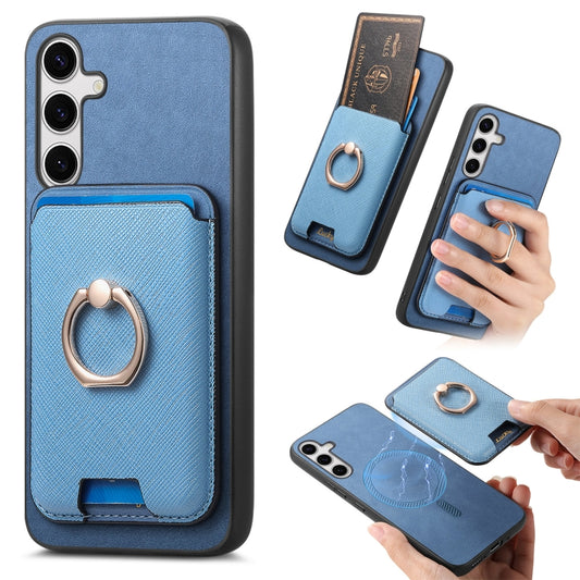 For Samsung Galaxy S25 5G Retro Cross Leather Ring Vertical Insert Card Bag MagSafe Phone Case(Blue) - Galaxy S25 5G Cases by PMC Jewellery | Online Shopping South Africa | PMC Jewellery | Buy Now Pay Later Mobicred