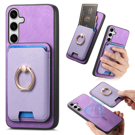 For Samsung Galaxy S25 5G Retro Cross Leather Ring Vertical Insert Card Bag MagSafe Phone Case(Purple) - Galaxy S25 5G Cases by PMC Jewellery | Online Shopping South Africa | PMC Jewellery | Buy Now Pay Later Mobicred