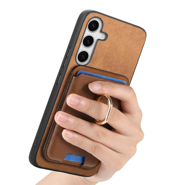 For Samsung Galaxy S25+ 5G Retro Cross Leather Ring Vertical Insert Card Bag MagSafe Phone Case(Brown) - Galaxy S25+ 5G Cases by PMC Jewellery | Online Shopping South Africa | PMC Jewellery | Buy Now Pay Later Mobicred