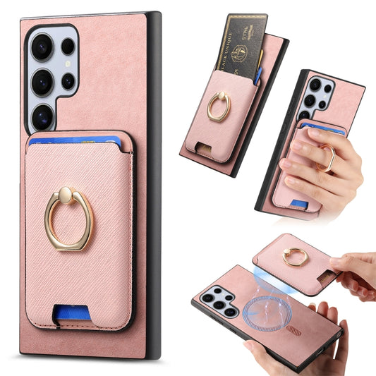 For Samsung Galaxy S25 Ultra 5G Retro Cross Leather Ring Vertical Insert Card Bag MagSafe Phone Case(Pink) - Galaxy S25 Ultra 5G Cases by PMC Jewellery | Online Shopping South Africa | PMC Jewellery | Buy Now Pay Later Mobicred