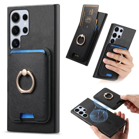 For Samsung Galaxy S25 Ultra 5G Retro Cross Leather Ring Vertical Insert Card Bag MagSafe Phone Case(Black) - Galaxy S25 Ultra 5G Cases by PMC Jewellery | Online Shopping South Africa | PMC Jewellery | Buy Now Pay Later Mobicred