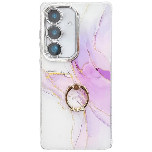 For Samsung Galaxy S25 5G Electroplated Marble Texture Ring Holder Phone Case(Light Purple S6) - Galaxy S25 5G Cases by PMC Jewellery | Online Shopping South Africa | PMC Jewellery | Buy Now Pay Later Mobicred