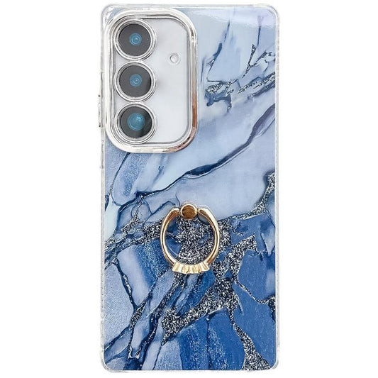 For Samsung Galaxy S25 5G Electroplated Marble Texture Ring Holder Phone Case(Navy Blue S17) - Galaxy S25 5G Cases by PMC Jewellery | Online Shopping South Africa | PMC Jewellery | Buy Now Pay Later Mobicred