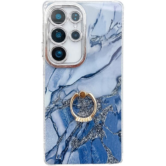 For Samsung Galaxy S25 Ultra 5G Electroplated Marble Texture Ring Holder Phone Case(Navy Blue S17) - Galaxy S25 Ultra 5G Cases by PMC Jewellery | Online Shopping South Africa | PMC Jewellery | Buy Now Pay Later Mobicred