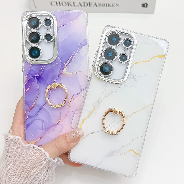 For Samsung Galaxy S25+ 5G Electroplated Marble Texture Ring Holder Phone Case(White S8) - Galaxy S25+ 5G Cases by PMC Jewellery | Online Shopping South Africa | PMC Jewellery | Buy Now Pay Later Mobicred