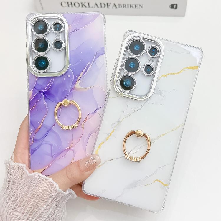 For Samsung Galaxy S25 Ultra 5G Electroplated Marble Texture Ring Holder Phone Case(Purple Blue S18) - Galaxy S25 Ultra 5G Cases by PMC Jewellery | Online Shopping South Africa | PMC Jewellery | Buy Now Pay Later Mobicred