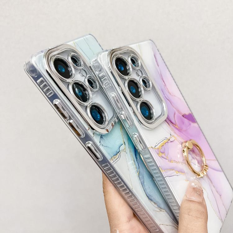 For Samsung Galaxy S25 5G Electroplated Marble Texture Ring Holder Phone Case(Blue Green S9) - Galaxy S25 5G Cases by PMC Jewellery | Online Shopping South Africa | PMC Jewellery | Buy Now Pay Later Mobicred